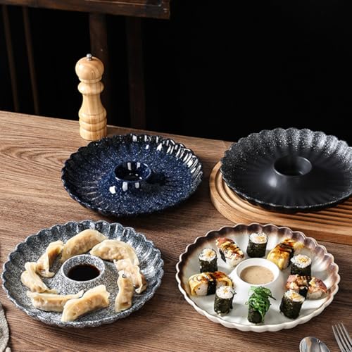 Plato de cerámica Garneck redondo para sushi con cuenco para salsa azul miniatura 4