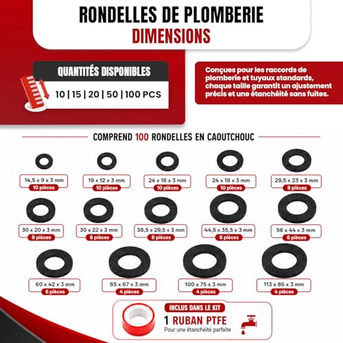 Kit Universel de 100 Joints Plats en Caoutchouc 3 mm avec 14 Dimensions Assorties + Ruban Téflon, Rondelles d’Étanchéité pour Robinets, Tuyaux, Pompes à Eau et Plomberie – vue 4