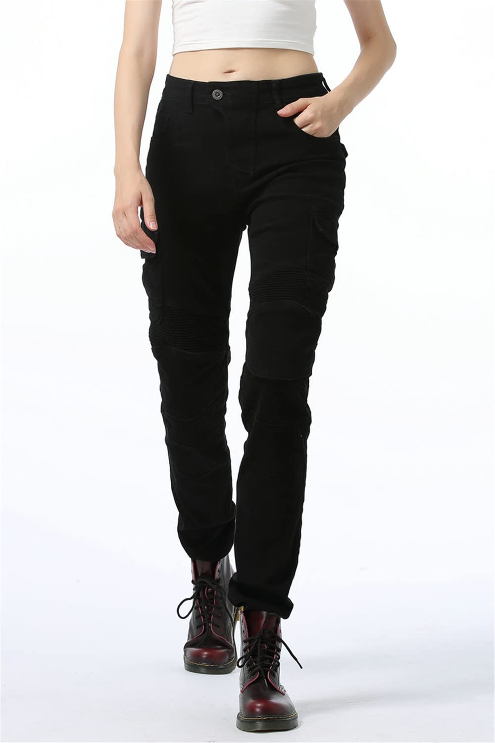 LINGKY Pantaloni da Moto da Donna Equitazione Pantaloni Motorcycle Biker Jeans Protezione Rinforzato Ginocchio Anca Pads