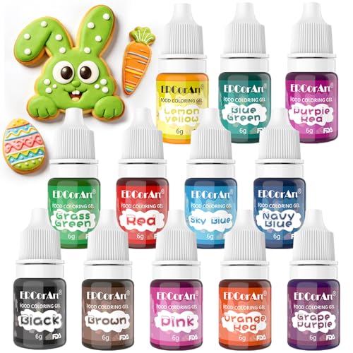 12 Colours Gel Food Colouring - Icing Gel Colours Set with Gloves Food Colouring for Cake Decorating Baking Macarons Buttercream Easter Eggs and DIY Crafts -Vegan Non Gluten (6 g Each)