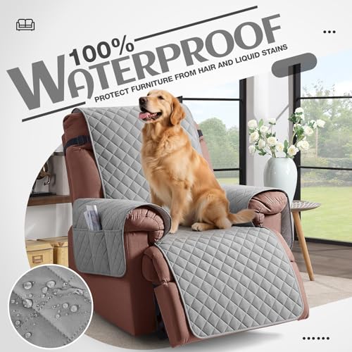 Image of KinCam 100% Waterproof Recliner Chair Cover, Reclining Couch Covers for Pets, Dogs, Recliner Couch Slipcover Furniture Protector with Elastic Straps for Kids(28 inch, Light Gray)