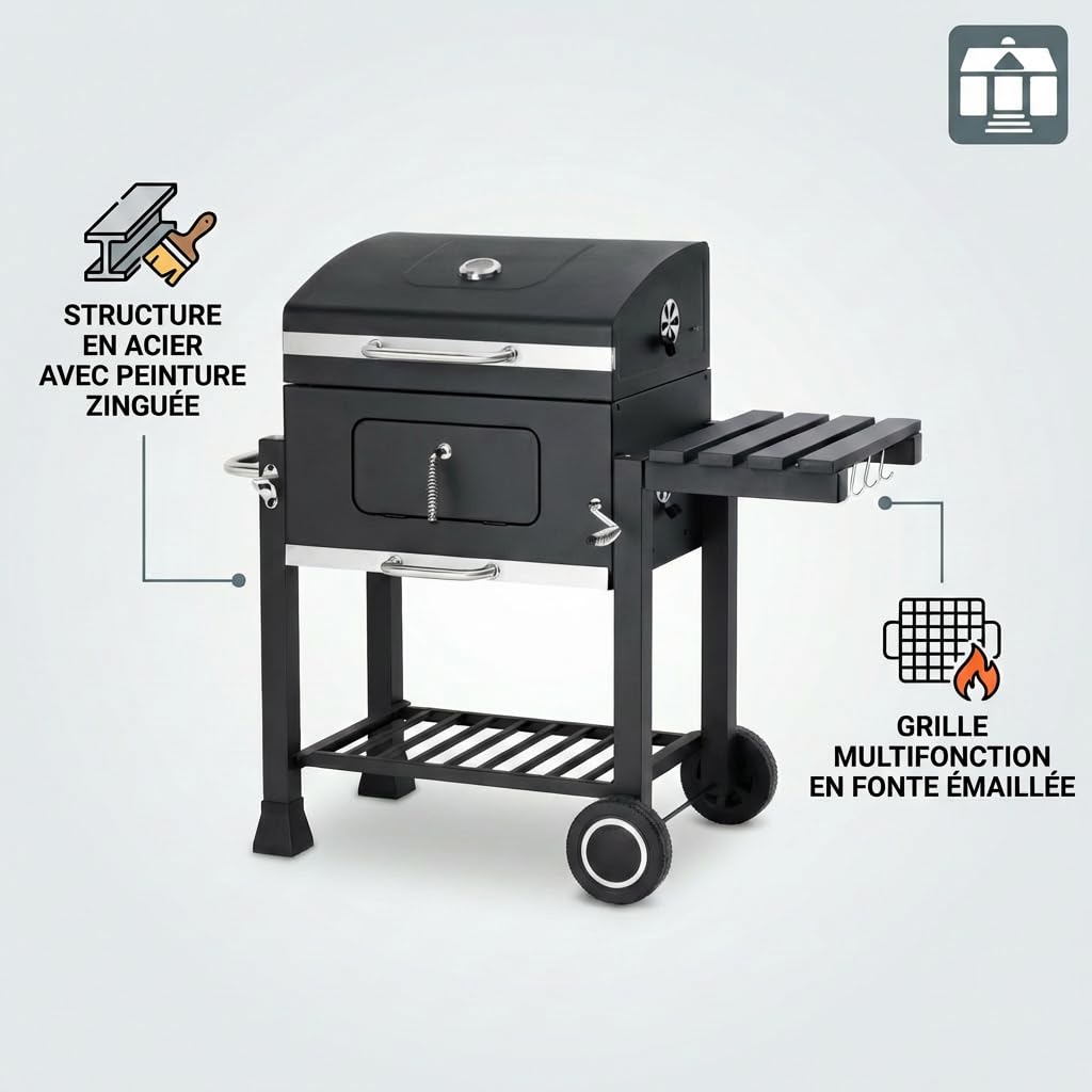 Tarrington House Barbecue au Charbon de Bois Memphis, Acier, Couvercle avec Thermomètre, Tablette latérale Pliable, Bac à Cendres, Étagère inférieure, 2 Roulettes, Gris