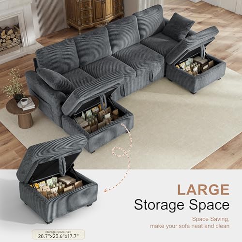 Image of Hanherry 104 inch Sectional Couch with Pull Out Sofa Bed,Corduroy Sleeper Sofa with Storage Ottoman & USB Charging,Comfy L Shaped Modular Couches for Living Room,Apartment
