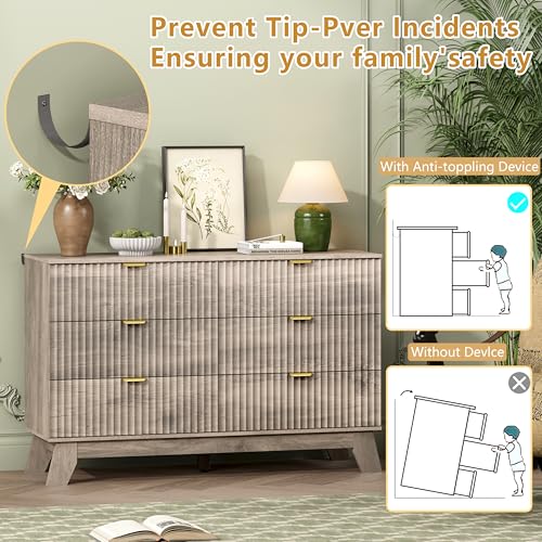 Image of Wodeer 6 Drawer Fluted Dresser for Bedroom, Mid Century Modern Wooden Dresser with 6 Drawers, Dressers & Chests of Drawers with Metal Handle, TV Stand & Storage Organizer for Entryway, Hallway, Grey