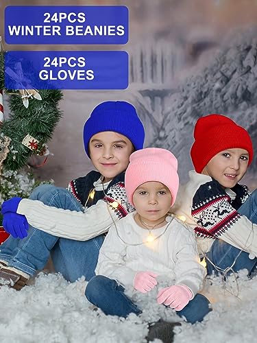 Funtery 48Pcs Kids Winter Beanie and Gloves Set Bulk Pack Knit Hat Unisex Magic Gloves Pack Winter Gift for Boy Girl Donation2