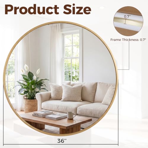 Image of Sweetcrispy 36 Inch Round Wall Mirror, Bathroom Mirrors for Over Sink, Matte Metal Framed Circle Vanity Mirror, Wall Decor for Bedroom, Entryway, Anti-Rust, Tempered Glass, Hanging or Leaning, Black