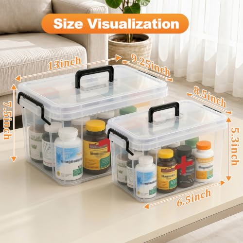 Image of 2 Pack Clear Medicine Organizer Box with Handle, Plastic Medicine Container with Tray Empty First Aid Box Empty, Thickened Medicine Storage Organizer Multipurpose Medication Organizer Storage, Clear