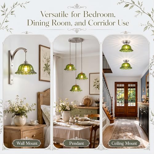 Image of 3 Pack Green Glass Lamp Shade Replacement, 7.87 inch Vintage Flower Art Blown Glass Lampshades E26 Base 1.65 inch Top Flower Shape Light Covers for Pendant Light, Wall Sconce, Floor, Table Lamps