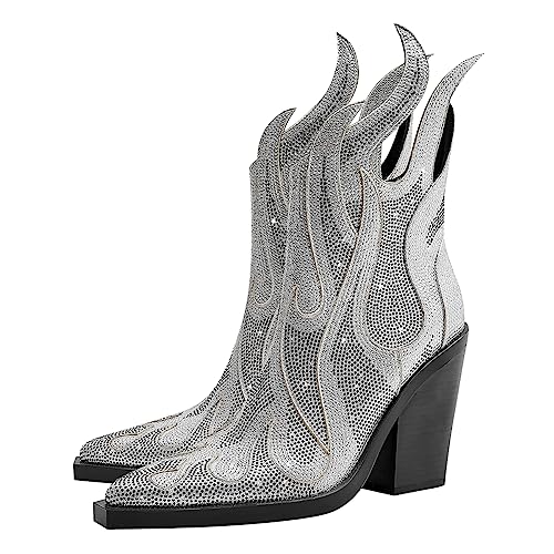 Womens Sparkling Rhinestone Cowboy Boots Bling Flame Chunky Heel Diamond Ankle Boots Pointy Toe Side Zip Black Glitter Cowboy Boots