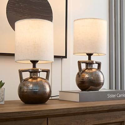 Rustic Farmhouse Ceramic Table Lamp Set of 2, Retro Bedsides Lamps Bedroom with Beige Fabric Lampshade Jar Lamps for Nightstand, 12” Small Table Lamp for Bedroom Living Room Office End Table Art Deco