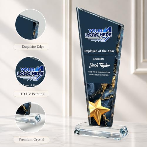 Image of Custom Crystal Trophy Award Personalized Plaque Award with Text Logo Photo Awards Trophies for Employee Recognition Team Graduation Personalized Office Gifts for Boss Coworker Teacher