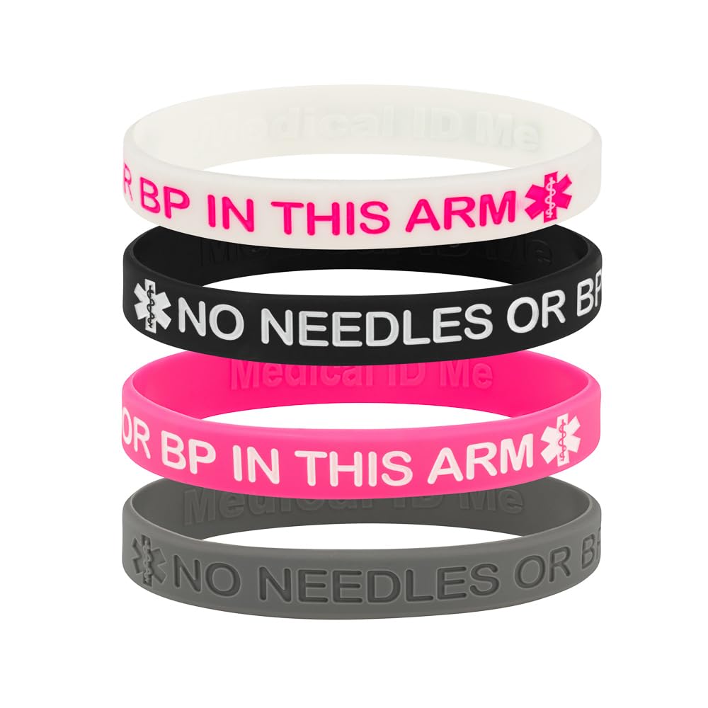 (4 Pack) “No Needles or BP in This Arm” Medical Alert Wristbands – Silicone Medical ID Bracelets for Lymphedema, Mastectomy, or Dialysis Patients – 2 Sizes (18cm & 20cm) (Medium (18cm))