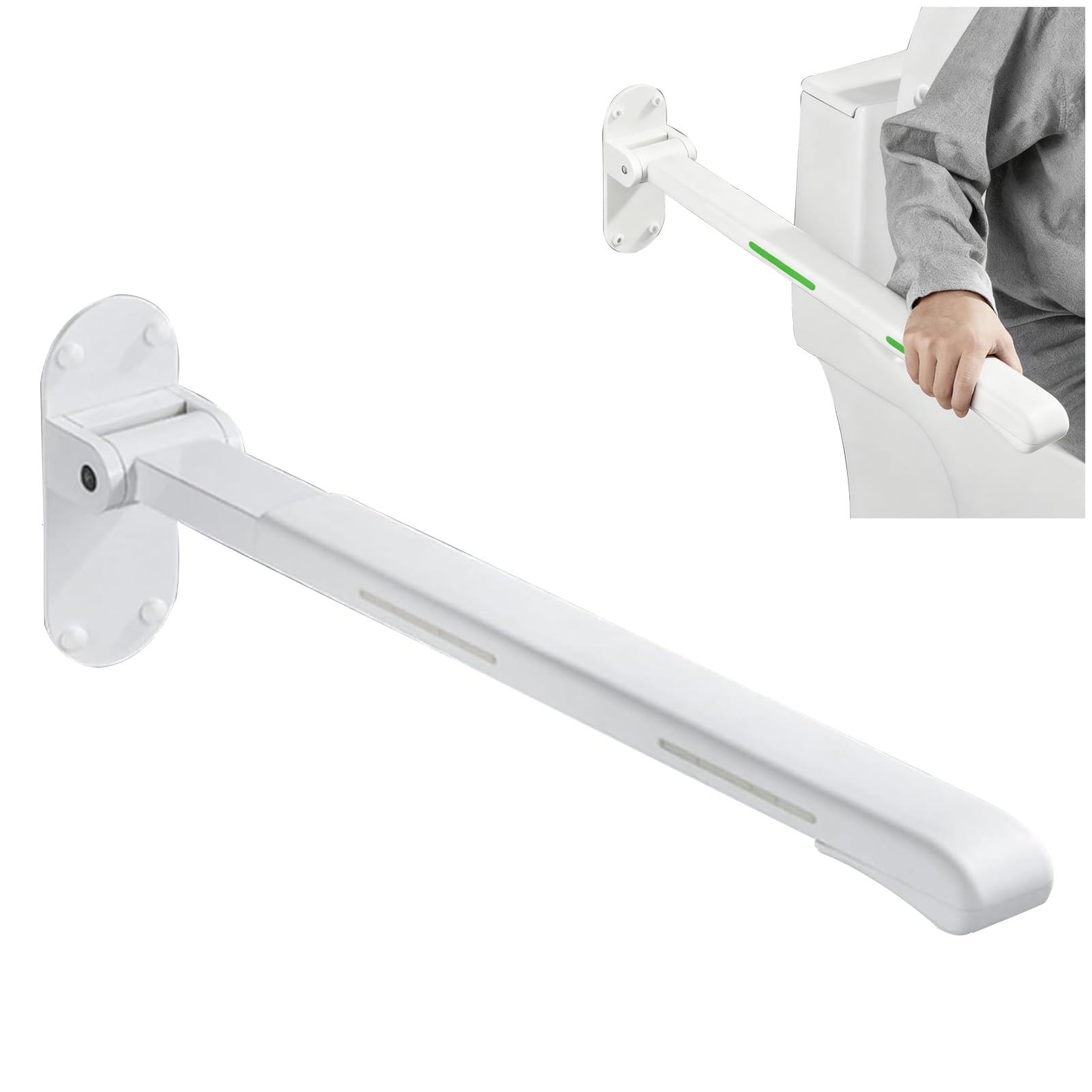 Barra Abatible De Seguridad 70 Cm Para Baño Adulto Mayor De Acero, Barra De Apoyo Para El Baño Wc Minusvalidos Rotación Vertical De 90 ° Con Anillo Fluorescente, Soporta Hasta 150 Kg (White)
