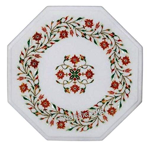 Shiny Gemstones Inlay Work at Border Coffee Table Top White Marble Sid