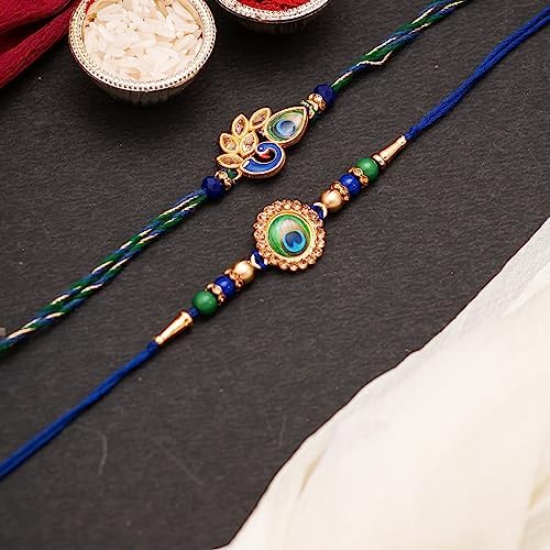 Image of CraftVatika Peacock Rakhi Set for Brother Rakhis for Rakshabandhan, Mor Pankh Rakhi for Bhai Bhaiya Set of 2 for Man Boy Kids Combo for Rakshabandhan with Fridge Magnet for Door Decor Tillak Set