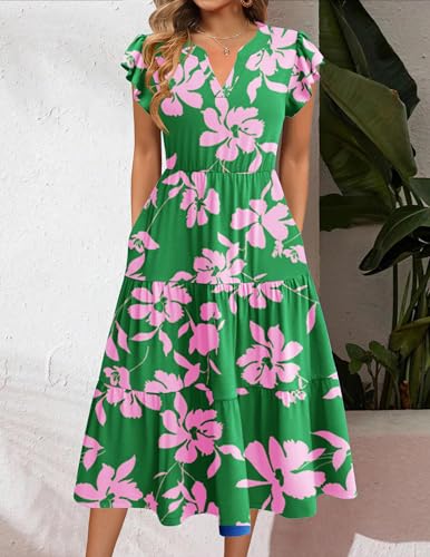 Image of ZEAGOO Womens Summer Casual Dresses Ruffle Sleeve V Neck Midi Dress Flowy Tiered Dress with Pockets Boho Sundresses