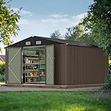 JUMMICO 10 x 10 FT Outdoor Storage Shed, Large Metal Garden Shed & Tool Sheds for Backyard Garden Patio Lawn (Brown)