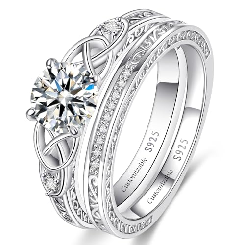 Image of Vintage Celtic Knot Women's Engagement Ring Sets 925 Sterling Silver /14K Gold Plated Stackable Wedding Bands Rings AAAAA Cubic Zirconia Women Bridal Sets Wedding Ring Band Width 1.8mm Size 5-9