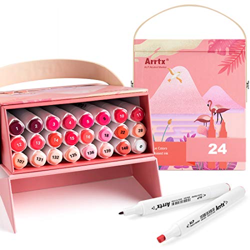 Arrtx Markers for Adult Coloring, 24 Floral Colors Dual Tip Permanent Markers with Portable Gift Box, Professional Art Markers for Drawing Sketching, Illustration, Anime (Red Box)