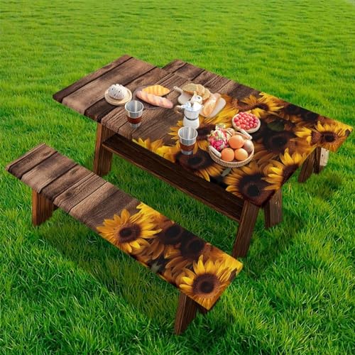 Hudotybom Picnic Table Cover with Bench Covers Wood Sunflower Camping Table Covers for 6 Foot Tables 3 Pcs Picnic Table Bench Covers Camping Essentials for Camper, 72x30 Inches
