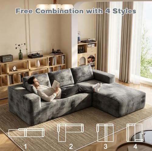 Image of 93 inch L-Shaped Modular Sectional Sofa with Chaise, Boneless Corduroy Cloud Couch with Deep Seat and Oversized Comfort, Flexible Module Combination for Living Room, No Assembly Required