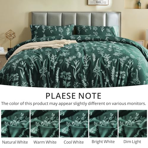 MUXHOMO Duvet Cover Full Size, Reversible Floral Forest Green Duvet Cover Set with Zipper Closure, 3 Pieces Botanical Patterns Soft Microfiber Bedding Set with 4 Ties (80"x90", 2 Pillow Cases)