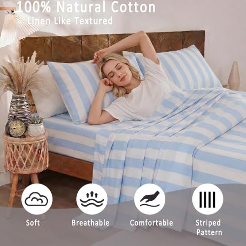 Image of Merryword Blue and White Striped Sheet Set Queen Size - 100% Cotton Striped Bedding 4 Pieces, Soft Breathable Percale Weave, 17.5 inch Deep Pocket, Luxury Linen Like, All Season Comfort