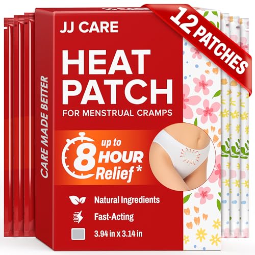 JJ CARE Heat Patch for Menstrual Cramp Relief (12 pcs - Regular Size), Period for Cramps with Air-Activated Carbon, Menstrual Heating Patches for Period - 3.14 x 3.94 inches