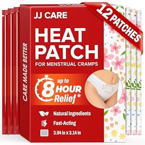 JJ CARE Parche de calor para aliviar los calambres menstruales (12 piezas, tamaño regular), período para calambres con carbón activado por aire, parches de calentamiento menstrual para el período: