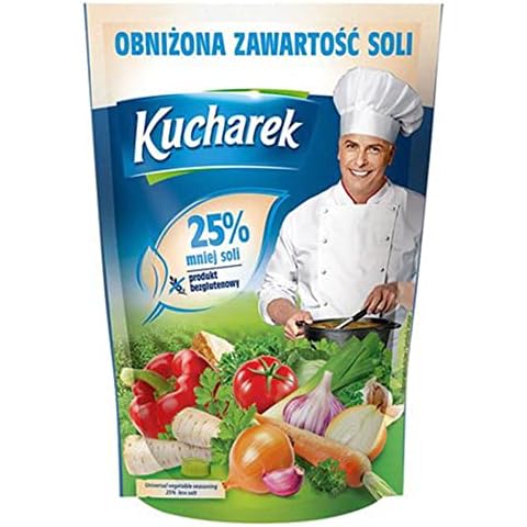 Kucharek Przyprawa Do Potraw 25% Less Salt Seasoning for Soup Meat Fish Salads 400g / 14.1oz Bag Cover
