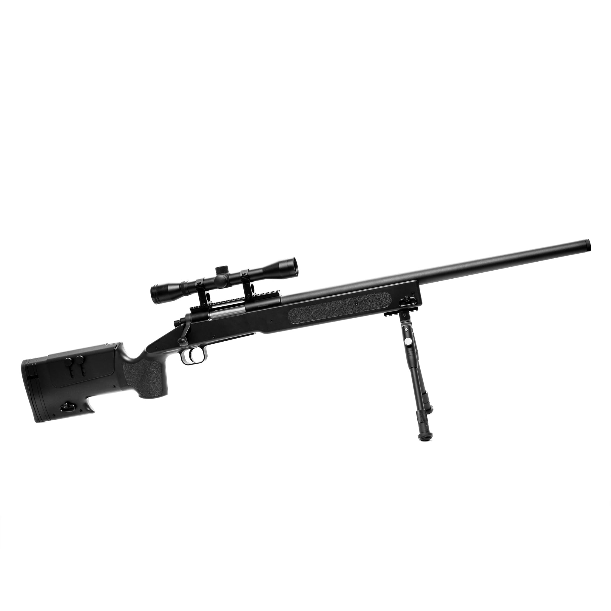 Fucile Softair Sniper M62 potenza 0,9 joule, Bundle Completo, Precisione Tattica con Ottica 3-9x40, Bipiede Regolabile e Pallini per Outdoor colore nero, dimensioni cm 110x14