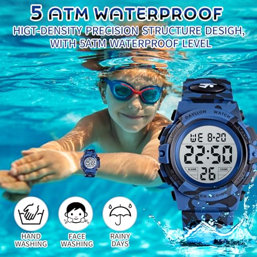 Image of Dayllon Kids Digital Watch Boys Outdoor Sports 50M Waterproof Girls Watches Alarm Clock 12 /24 H Stopwatch Calendar for Ages 3-15 Boy Girl Wristwatch Kids Gift