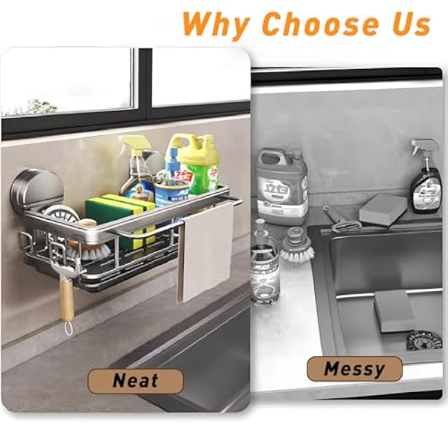 Sponge Holder for Kitchen Sink, Suction Cup Sink Caddy Organizer with Drain Tray, Wall Mount Sponge Holder,Apartmen RV Sponge Caddy Essentials Clean Tools for Sponge Dish Cloth Brush Scrubber Gray