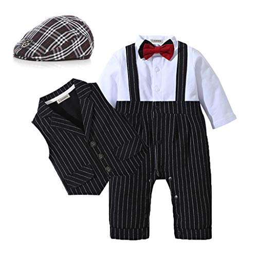 HOSUKKO Baby Boy Suit,Long Sleeve Jumpsuit,Vest,Bow Tie,Infant Boy Gentleman Outfits Sets for Formal Occassion (0-24 Months) Black
