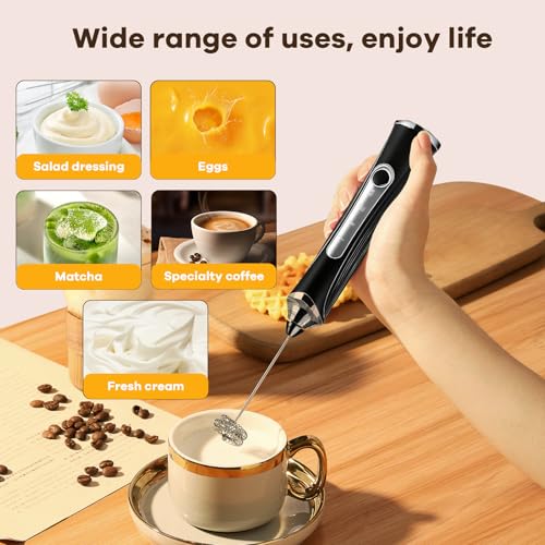 Image of Milk Frother Handheld Rechargeable with Stand 3 Speed Frother Wand | Adjustable Foam Maker Hand Mixer with Detachable Stainless 2 Whisks Electric Coffee Frother Stirrer For Latte, Egg