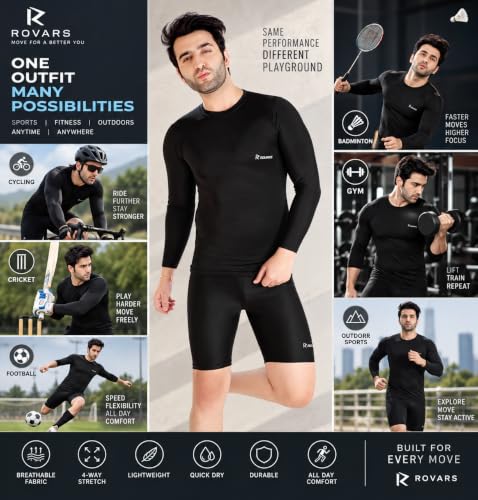 Image of ROVARS Compression Top Full Sleeve Tights T-Shirt for Multi Sports, Cycling, Cricket, Football, Badminton, Gym, Fitness & Other Outdoor Inner Wear