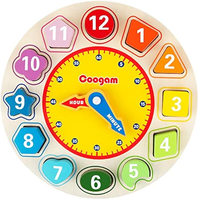 Coogam Wooden Shape Color Sorting Clock – Teaching Time Number Blocks Puzzle Stacking Sorter Jigsaw Montessori Early Learning Educational Toy Gift for Year Old Kids