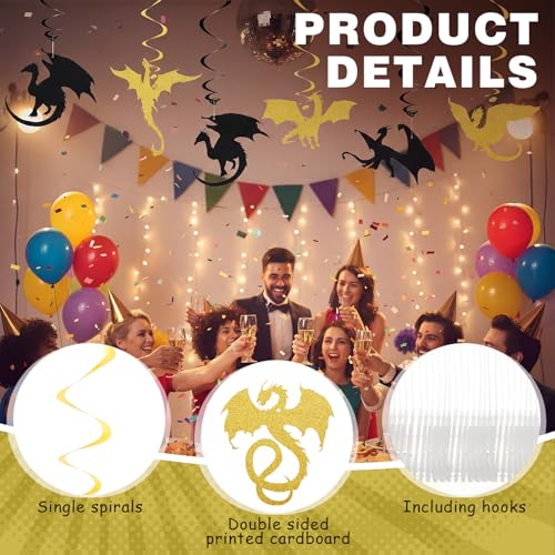 Image of Sumind 30 Pcs Dragon Hanging Swirls Party Decorations, Black and Gold Dragon Ceiling Hanging Decor for Medieval Fantasy Themed Birthday Party Supplies, 10 Designs