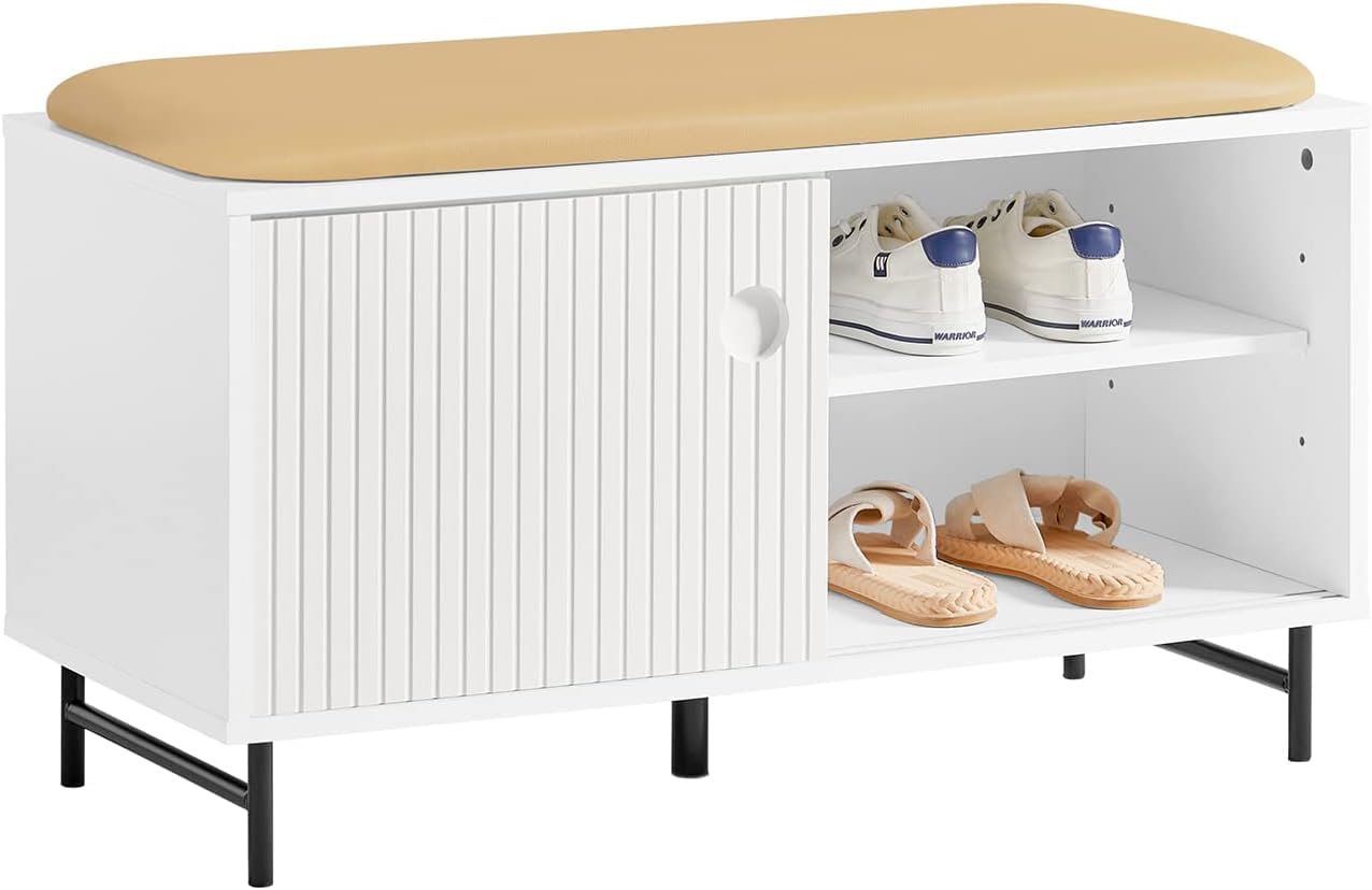 SoBuy FSR116-W Banco Zapatero con Puertas Correderas Armario Multifuncional para Entrada con Estantes 85 x 37 x 49 cm Blanco ES