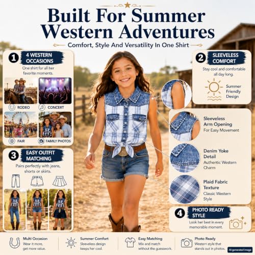 Image of Bienzoe Western Plaid Girls Shirt: Sleeveless Button Down | For girls who love cowgirl style, rodeo days, country concerts, summer comfort, family photos, horse shows, outdoor fun