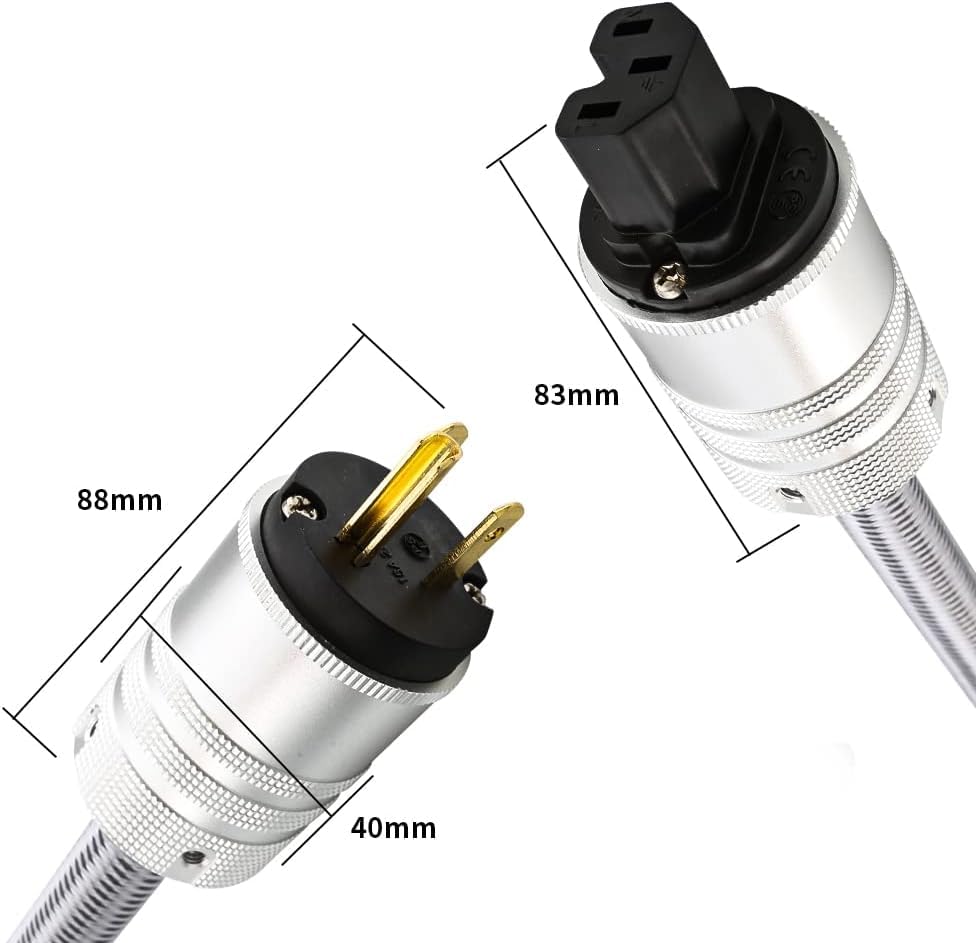 Image of Tertullus Audiophile Power Cable, HiFi Power Cord AC Main Supply Cable, with US C15 IEC Plug Connector (Silver, 1m /3.3ft)