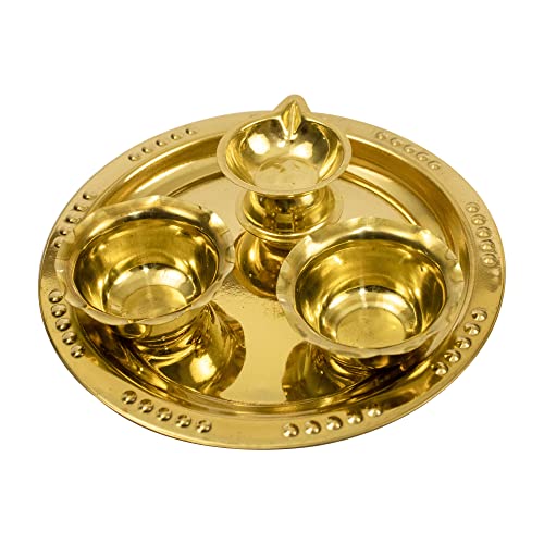 Spillbox Traditional Handcrafted Ganesha Brass Puja | Pooja Thali | Arati | Arathi | Arthi | Arti | Arathi | Bartan Thambulam Plate 2bowls 1 Diya (Small)