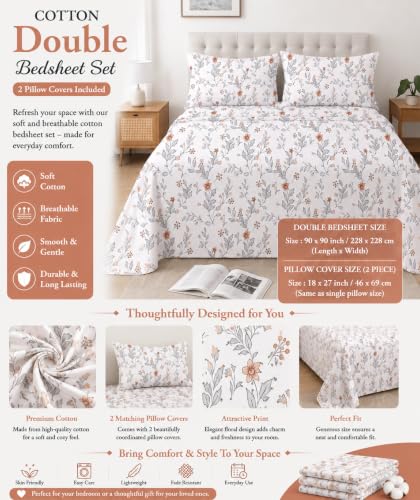 Image of IVAZA 240 TC Soft Ezyption Cotton Floral Print King Size Bedsheet - with 2 Pillow Covers, Hypoallergenic, Brethable, (Size- 90 x 90 Inch) Snow White