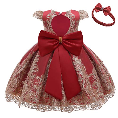 HOIZOSG Baby Girls Christening Dress Kids Birthday Wedding Party Prom Embroidered Lace Baptism Bowknot Tutu Gown w/Headwear Deep Red 6-7T