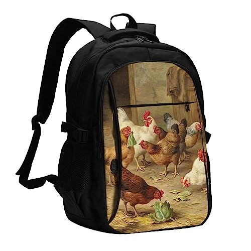 FJAUOQ Sac à dos pour ordinateur portable imprimé fleurs, lapins, oiseaux pour homme, sac à dos de voyage avec port de charge USB, grand sac à dos décontracté, Poule rôti, taille unique