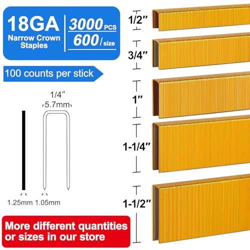 Image of 18GA 1 /4 inch Narrow Crown Staples 1 /2 inch,3 /4 inch,1 inch,1-1 /4 inch,1-1 /2 inch,3000 PCS | Galvanized Coating Resists Rust for Indoor Woodworking & Decoration for 18GA 1 /4 inch Crown Electric Staplers and Staple Guns