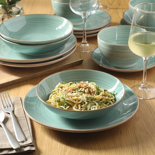 Image of Gibson Home Stonebury 16 Piece Plates and Bowls Teal Dishes - Handpainted Stoneware Dinnerware Set - Service for 4