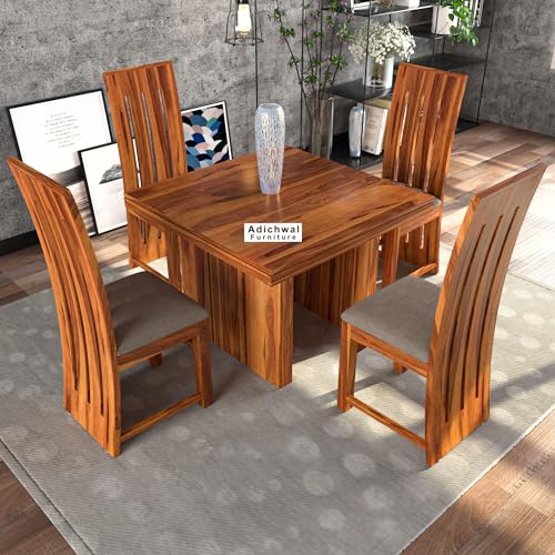 Image of Solid Sheesham Wood 4 Seater Dining Table Set with Cushioned Chairs for Dining Room | Living Room | Home & Office | Hotels Restaurant & Cafe (4 Seater, Honey H)