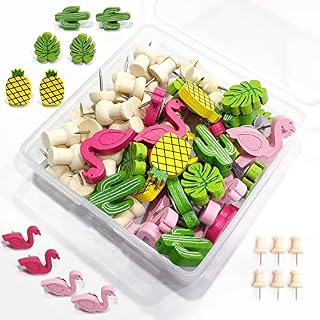 70 Pieces Wood Wooden Push Pins and Flamingo Pineapple Cactus Palm Leaf Push Pins Mixed Decorative Thumb Tacks Cute Pushpins Drawing Pins for Photos Wall, Maps, Bulletin Board, Cork Boards