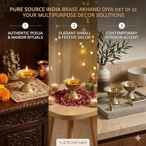 Image of Pure Source India Brass Akhand Diya /Oil Lamp for Pooja, Mandir and Home Decoration (L-2.75inch) 2pcs